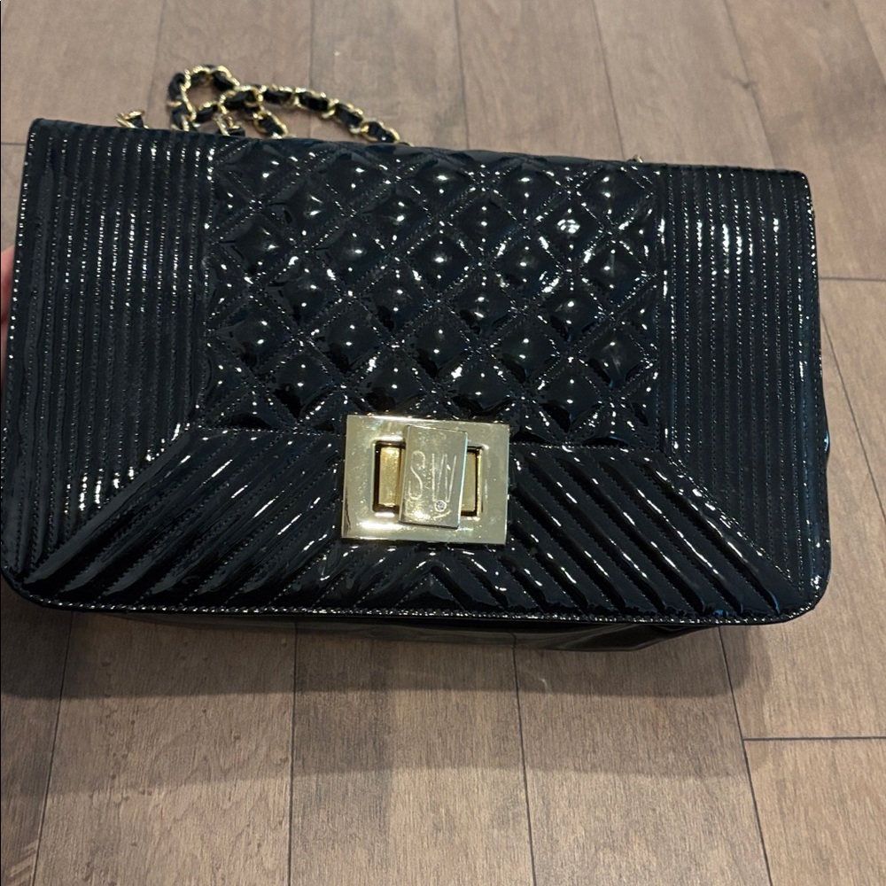 Stewart Weitzman Black Quilted Patent Leather Shoulder Bag